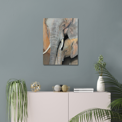 Elephant cow and calf: a stretched canvas print of an elephant cow and calf portrait