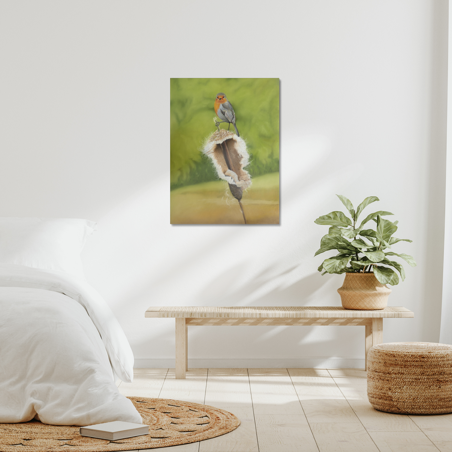 What's the rush? Robin and bulrush on a stretched canvas