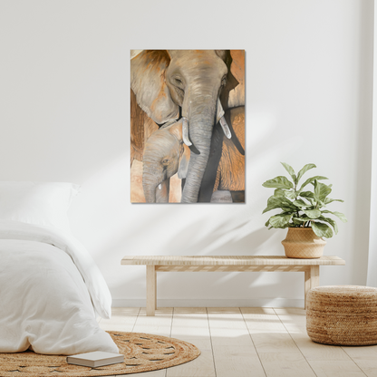 After a mud bath: a stretched canvas print of an elephant cow and calf