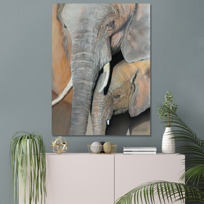 Elephant cow and calf: a stretched canvas print of an elephant cow and calf portrait