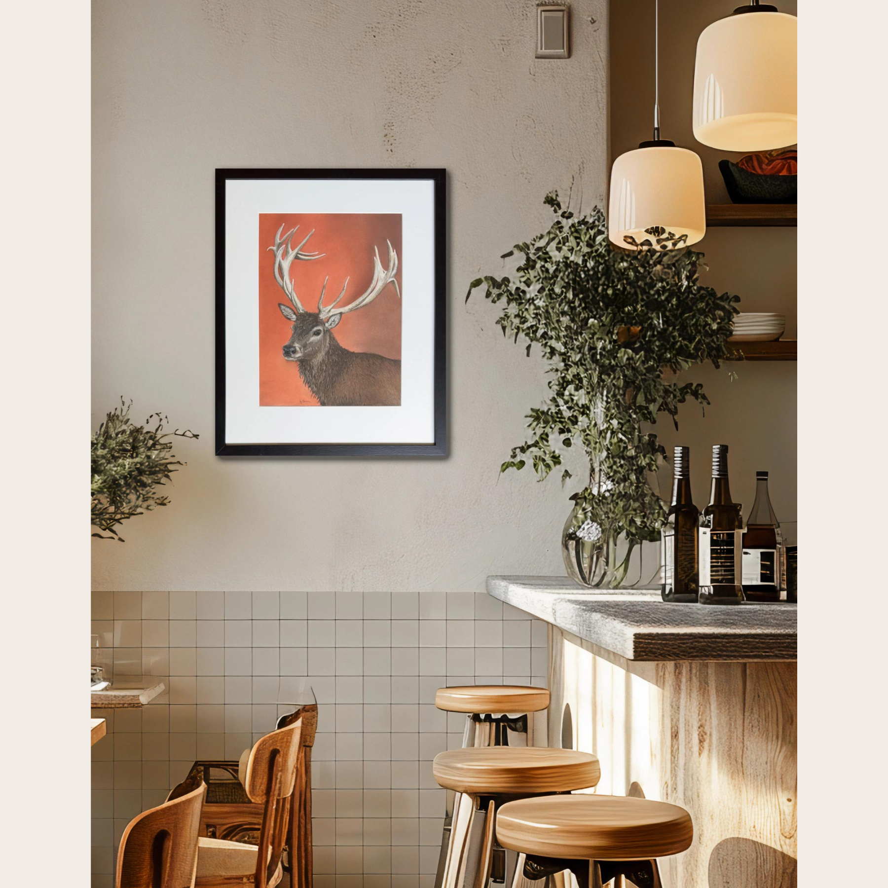 Room display of a picture of a red deer stag with antlers in an original pastel painting by Fiona Stansfield Fine Art