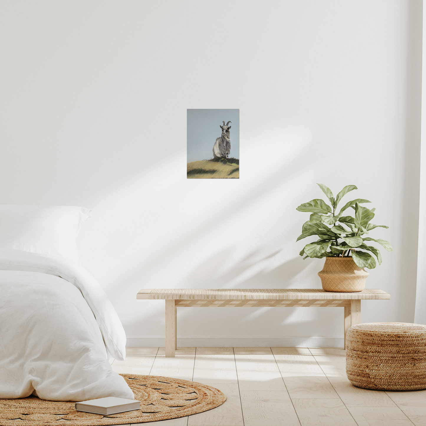 Bedroom with small open edition print of a wild goat in Scotland